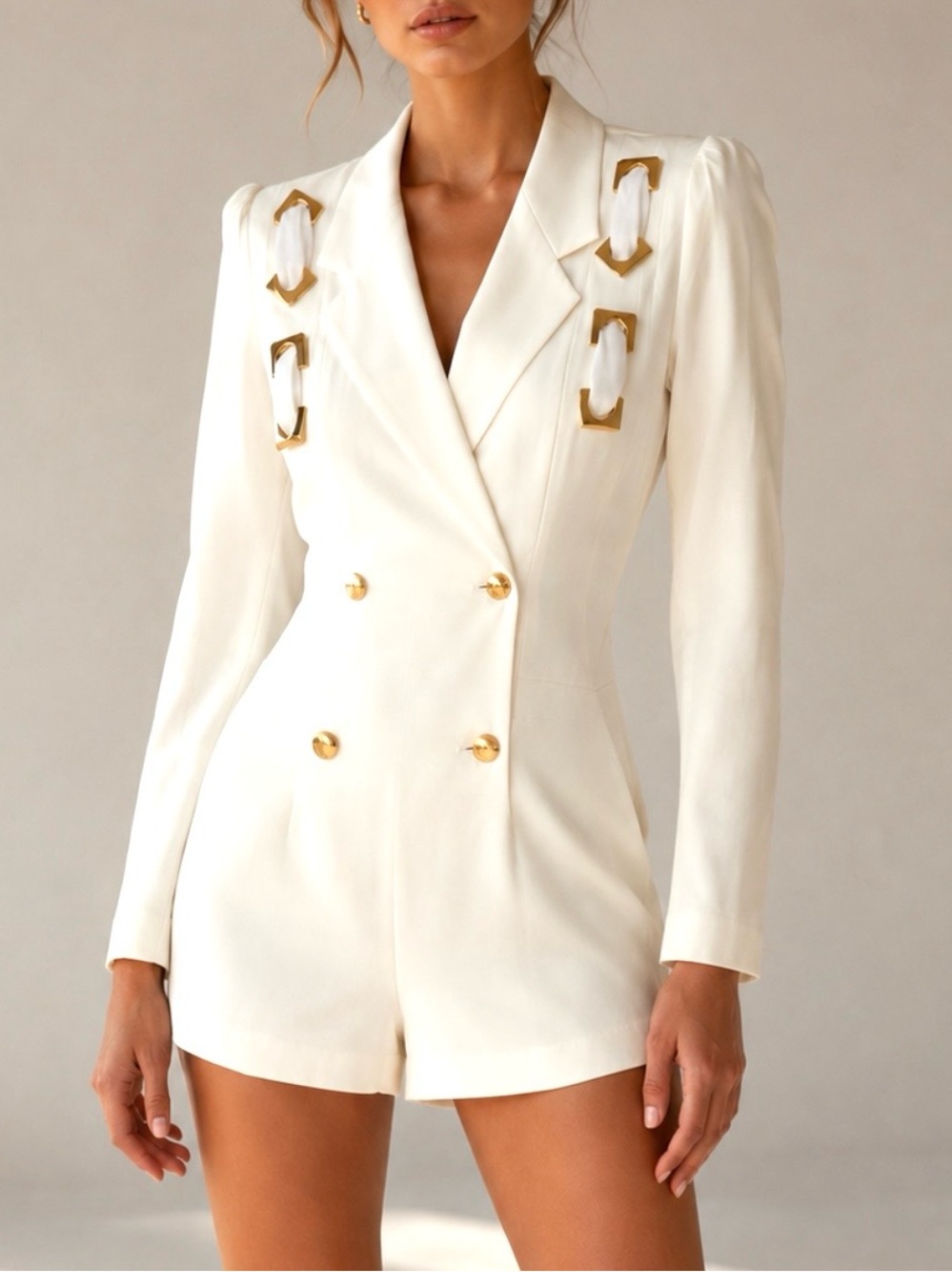 Vintage Joseph Ribkoff White Long Sleeve‎ Romper with Gold Hardware